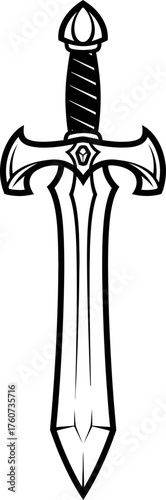 Vintage sword weapon icon with sharp blade, hand guard and wrapped grip. Medieval knight concept. Vector illustration for game art, logo, tattoo