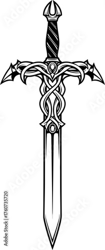 Medieval ornate sword with Celtic knot intricate design. Fantasy weapon, magic blade. Vector illustration for tattoo, print, game.