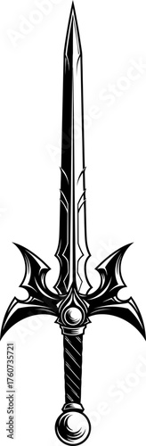 Detailed black and white fantasy sword for gaming, medieval theme, graphic element or icon design. Vector illustration