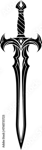 Elegant ornate sword with spiral hilt and sharp blade. Fantasy weapon or ancient symbol design. Graphic vector illustration