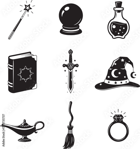 Magic and fantasy icons set, wand, crystal ball, potion, spell book, sword, witch hat, genie lamp, broom, enchanted ring vector.