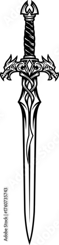 Detailed medieval fantasy sword with ornate hilt and blade. Warrior weapon concept. Black and white outline hand-drawn vector illustration