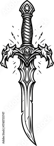 Ornate fantasy dagger with medieval engraving and sparkling light. Magic knife or sword for battle and defense concept. Vector illustration