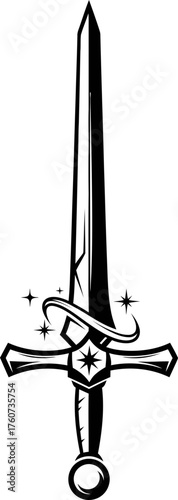 Medieval sword symbol with shining stars. Magic, fantasy, knight, battle concept. Vector illustration for print, gaming, web, logo