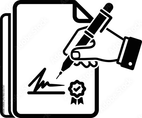Human hand signing official document with pen and approved stamp. Agreement, contract, official paper, financial deal concept. Vector illustration icon