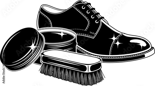 Elegant classic black leather oxford shoe with shining polish and brush for shoe care. Footwear grooming concept. Vector illustration