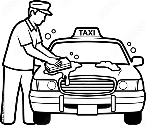 Man washing taxi car with sponge and soap bubbles. Cleaning service concept. Black and white line art vector illustration