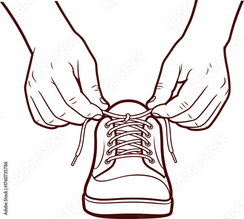 Woman's hands tying shoelaces on a sneaker. How to tie a shoelace concept. Outline vector illustration on white background