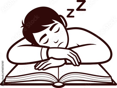 Man sleeping on open book with zzz symbol. Tired student concept. Flat line art vector illustration