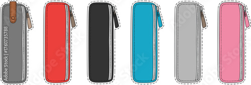 Colorful pencil cases, zippered pouch, stationery organizer, school supplies, fabric texture, cad drawing flat vector illustration, accessory design