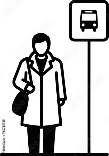 Man waiting at a bus stop illustration. Public transport concept. Monochrome vector icon for user interface, web, app, print