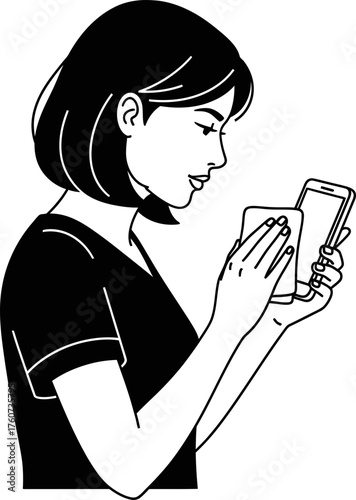 Woman cleaning phone screen with wipe, using sanitizer during pandemic. Hygiene and device protection concept. Black and white vector illustration