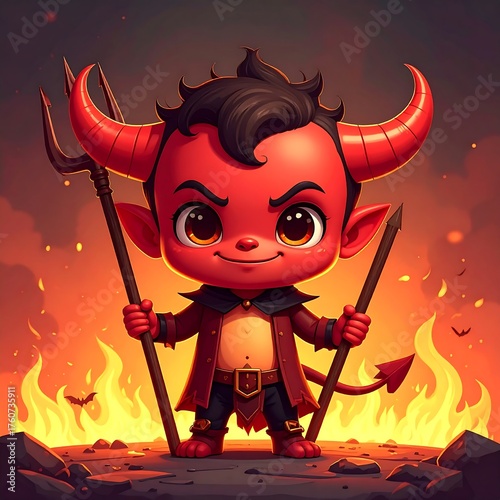 Cute devil child, red, horns, trident, flames