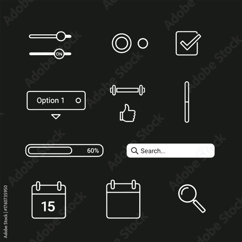 UI and web interface icons set, toggle switches, buttons, progress bar, search field, calendar, date, magnifier, like, checkbox, menu vector.