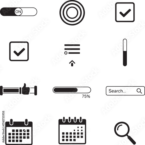 UI and web interface icons set, toggle switches, buttons, progress bar, search field, calendar, date, magnifier, like, checkbox, menu vector.