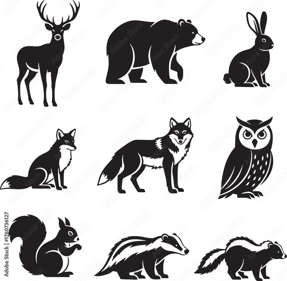 Naklejka premium Woodland animals icons set, deer, bear, rabbit, fox, wolf, squirrel, owl, badger, skunk silhouette vector.