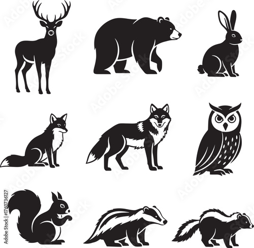 Woodland animals icons set, deer, bear, rabbit, fox, wolf, squirrel, owl, badger, skunk silhouette vector.