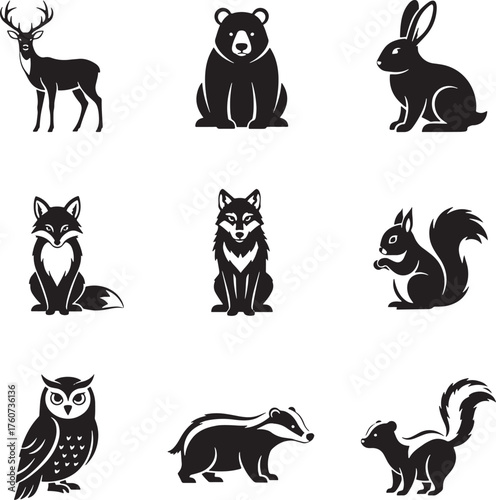Woodland animals icons set, deer, bear, rabbit, fox, wolf, squirrel, owl, badger, skunk silhouette vector.