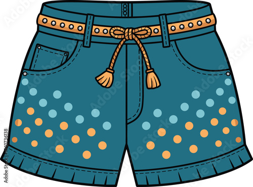 Denim shorts illustration, studded belt fashion, tassel rope tie, pleated hem design, gradient dot pattern, cad drawing flat vector illustration