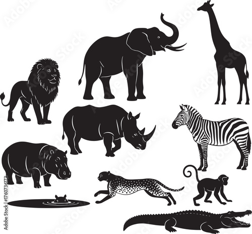 African safari animals silhouettes set, lion, elephant, giraffe, zebra, rhino, hippo, cheetah, monkey, crocodile vector.