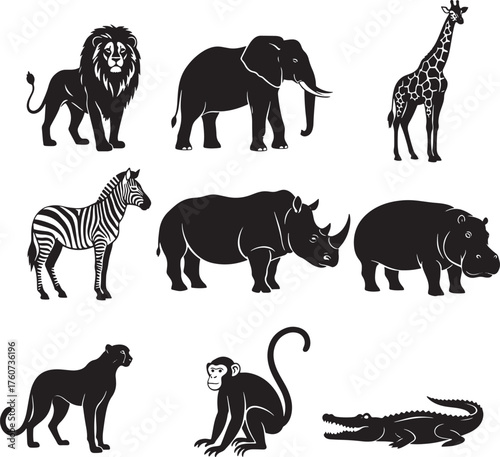 African safari animals silhouettes set, lion, elephant, giraffe, zebra, rhino, hippo, cheetah, monkey, crocodile vector.