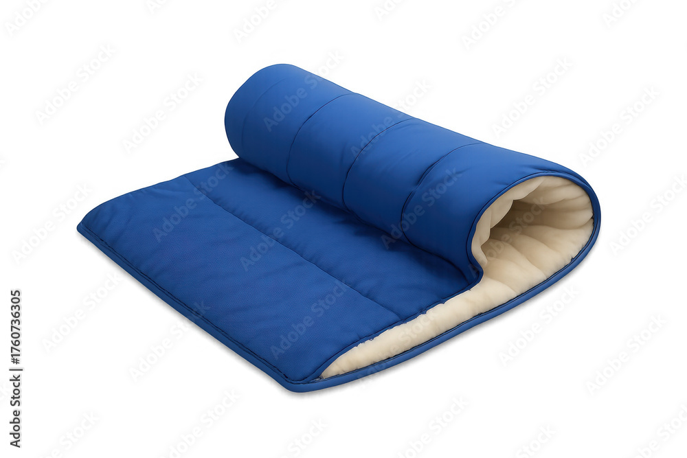 Fototapeta premium Blue sleeping bag unrolling, showing soft beige lining for outdoor camping, hiking, and travel