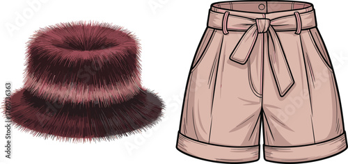 Fuzzy bucket hat and high-waisted shorts, cozy fashion accessories, stylish garment design, cad drawing flat vector illustration, clothing elements