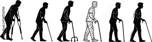 Mobility aids illustration, walking assistance concept, crutches cane walker design, disability support, rehabilitation process, patient recovery, healthcare education, medical posture, flat vector