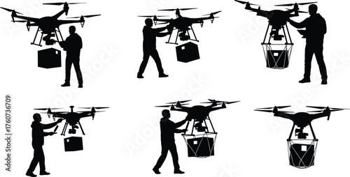 Drone delivery illustration, package transport concept, logistics technology, aerial shipping, remote control, modern supply chain, urban distribution, innovation design, flat vector