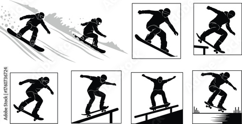 Snowboarding skateboarding illustration, action sports tricks, extreme recreation concept, freestyle jump design, urban skate park, mountain slope ride, athlete performance, flat vector