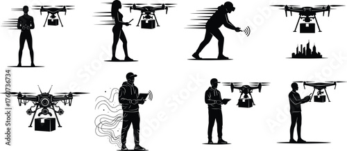 Drone usage illustration, people operating drones, technology innovation, aerial surveillance, remote 
