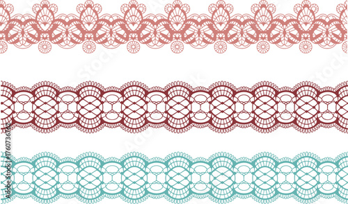 Lace border vector pack, ornamental trim, floral and geometric design, colorful horizontal pattern, cad drawing flat vector illustration