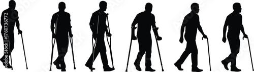 Crutches walking illustration, mobility aid concept, rehabilitation design, physical therapy posture, medical support, disability assistance, patient recovery, healthcare education, flat vector