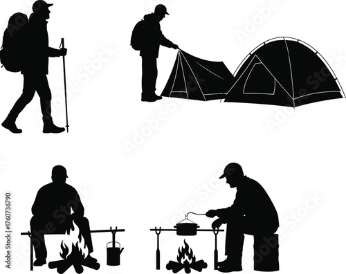 Camping activity illustration, outdoor recreation concept, hiking adventure, tent setup, campfire cooking, travel lifestyle, nature leisure, wilderness survival, adventure trip, flat vector
