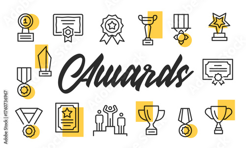 Awards poster. Awards poster design with Trophy, Medal, Certificate, Ribbon, and Podium icons. Simple poster for presentations, covers. Banner template. Vector illustration.