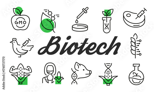 Biotech poster. Biotech poster design with DNA, GMO, Syringe, Scientist, and Test Tube icons. Simple poster for presentations, covers. Banner template. Vector illustration.