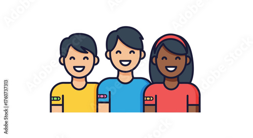 Vaccinated people diverse group with arm bandages representing community health and immunity promoting public safety ideal for vaccination campaign
