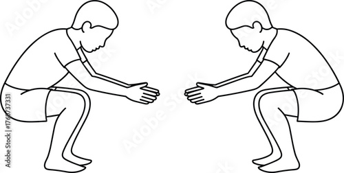 Squatting pose illustration, symmetrical movement, exercise posture, body alignment, fitness, stretching, training, anatomy, motion study, kinesiology