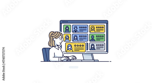 woman reviews online profiles with ratings checking candidates at a computer in office a seamless human resources process for the company