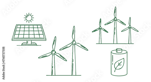 A collection of green line art icons representing renewable energy sources like solar panels, wind turbines, and battery storage for sustainability