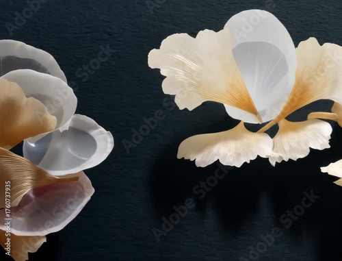 Delicate arrangement of translucent floral petals on dark background
