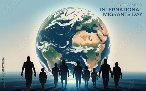 International migrants day people silhouette walking towards a glowing earth globe