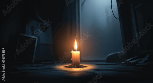 Single candle flame illuminating a dark, mysterious room with vintage floor and subtle light shafts