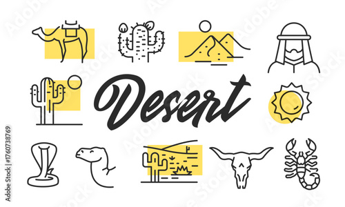 Desert poster. Desert poster design with Cactus, Camel, Sun, Dunes, Skull icons. Simply poster for presentations, covers. Banner template. Vector illustration.