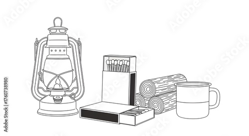 Camping Lantern Matches Logs and Mug Line Art Keywords: camping, lantern, kerosene lamp, oil