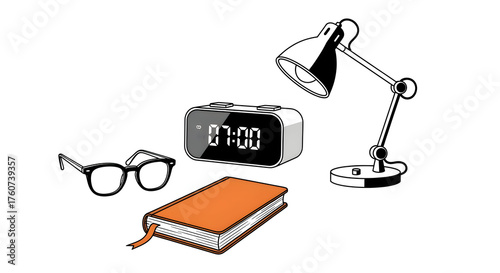 Glasses digital clock orange book and desk lamp spectacles