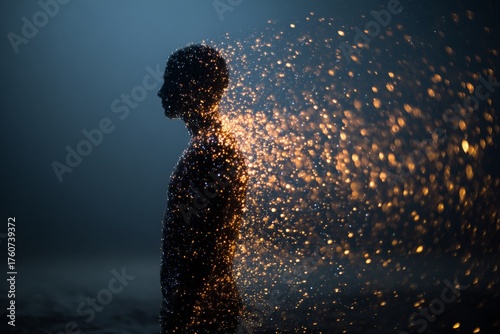 A conceptual representation of human transformation, showing a figure dissolving into golden particles, representing change, evolution, and the intangible nature of existence.