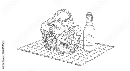 Line art picnic basket with fruit and bottle on checkered mat Keywords: line art, drawing