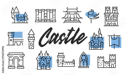Castle poster. Castle poster design with Fortress, Medieval Tower, Fairy Tale Castle, Pagoda, and Arch icons. Simple poster for presentations, covers. Banner template. Vector illustration.