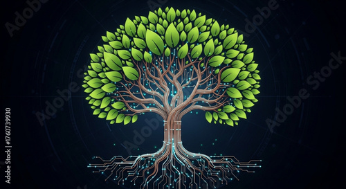 A digital tree with circuit board roots and lush green leaves, symbolizing the connection between technology and nature, growth, and the future of innovation